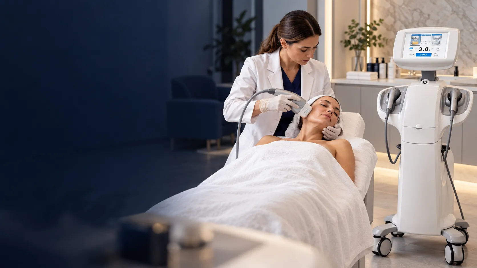 Profissional realizando procedimento facial com equipamento estético em clínica