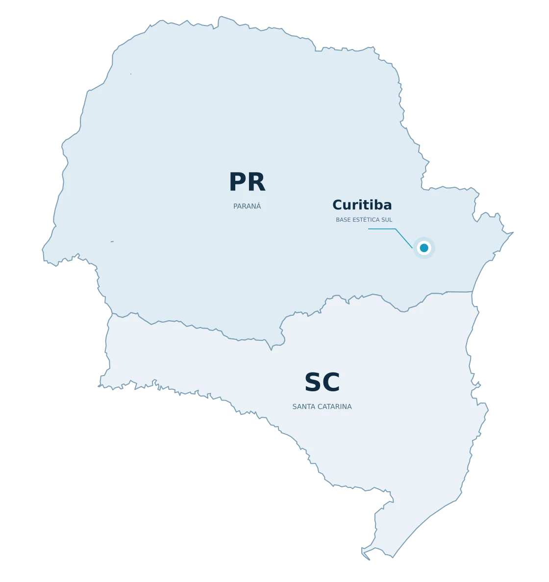 Mapa da área de atendimento: Paraná e Santa Catarina, com Curitiba como base