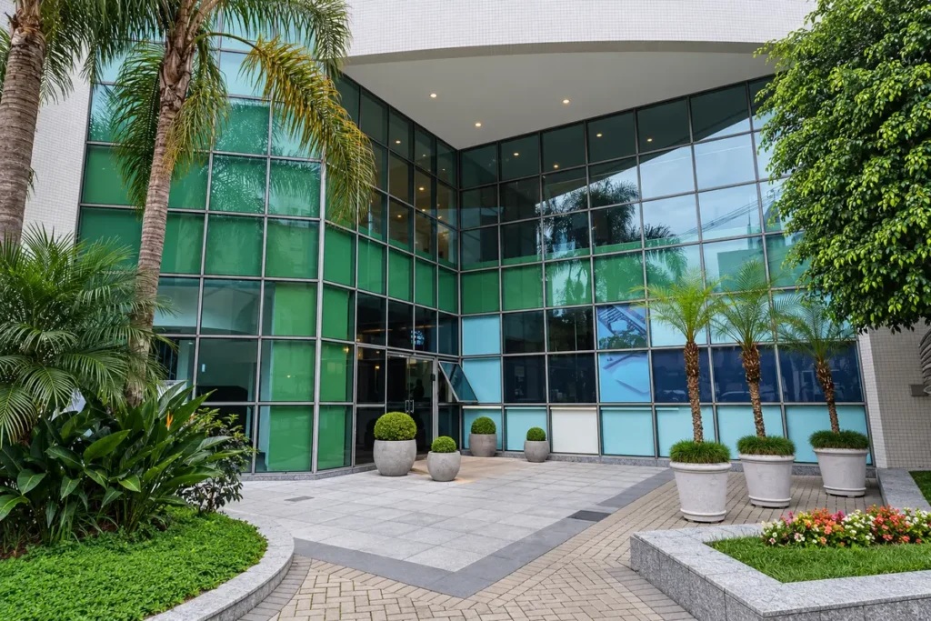 Entrada do edifício da sede, no Batel, em Curitiba