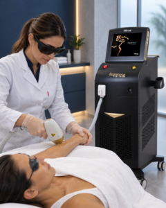 Profissional aplicando o Soprano ICE Platinum no braço da paciente